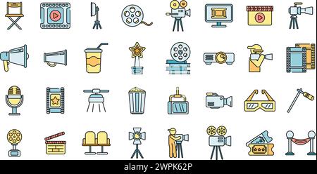 Cinematographer icons set outline vector. Cinema movie. Film video color line isolated Stock Vector