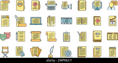 Scenario icons set outline vector. Event fabrications. Video moving color line isolated Stock Vector