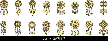 Dream catcher icons set outline vector. Mexican flower. Native aztec color line isolated Stock Vector