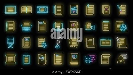 Scenario icons set outline vector. Event fabrications. Video moving neon isolated Stock Vector