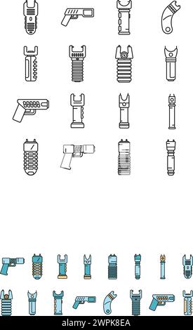 Taser icons set outline vector. Police gun. Safety stun electroshock color line isolated Stock Vector