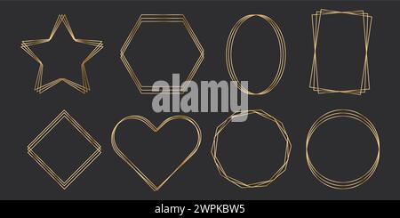 Set golden thin line frames different shapes on the dark background. Perfect border design for headline, text decor and sale banner. Vector. Vector illustration Stock Vector