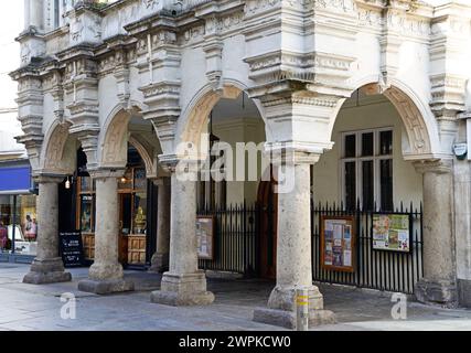 Front view of Guild Hall with part of The Turks Head Pub to the left along High Street in the city centre, Exeter, Devon, UK, Europe. Stock Photo