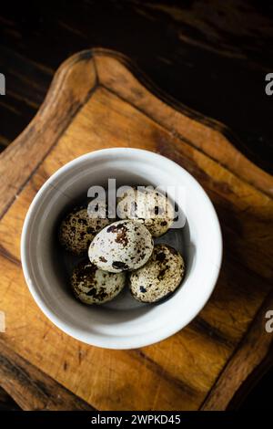 Quail Eggs on Table, Fresh Farm Harvest Stock Photo