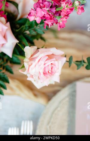 pink flowers on a table easter brunch Stock Photo