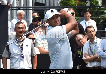 Hong Kong. 8th Mar, 2024. Crushers GC captain Bryson DeChambeau of the United States plays a shot during the LIV Golf tournament at the Fanling golf course in Hong Kong, South China on March 8, 2024. Credit: Lo Ping Fai/Xinhua/Alamy Live News Stock Photo