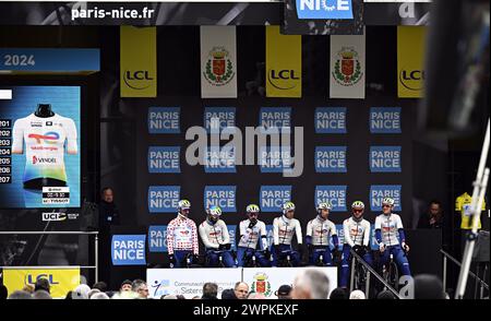 Sisteron, France. 08th Mar, 2024. TotalEnergies riders pictured at the start of the sixth stage of the Paris-Nice eight days cycling stage race, 198,2km from Sisteron to La Colle-sur-Loup, France, Friday 08 March 2024. BELGA PHOTO JASPER JACOBS Credit: Belga News Agency/Alamy Live News Stock Photo