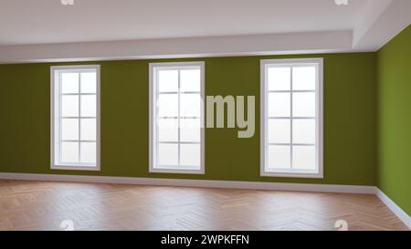Interior with Khaki Walls, Three Large Windows, Light Glossy Herringbone Parquet Floor and a white Plinth. Beautiful Unfurnished Concept of the Room. Stock Photo