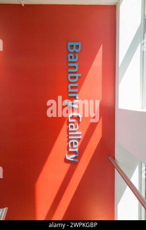 Sign / signage for Banbury Gallery in Banbury Museum, galleries with displays examining local history, Oxfordshire, UK. (134) Stock Photo