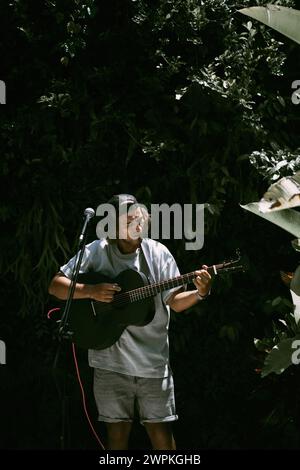 Young man singer, sings into a microphone and plays the guitar. Stock Photo