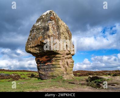 The Cork Stone a naturally eroded sandstone pillar on Stanton Moor near Birchover in the Derbyshire Peak District UK Stock Photo