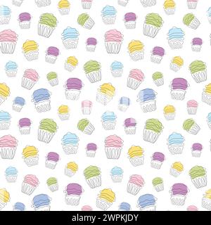 Seamless pattern of colorful cupcakes in style of continuous one line drawing. Simple line art of muffins with wavy frosting. Vector isolated on white Stock Vector