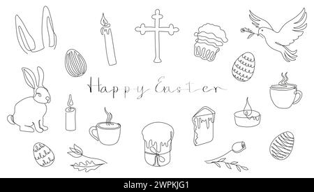 Easter Set in continuous one line style with design elements like bunny, eggs, dove, candles, cross, Easter cakes, steaming mugs, flowers. Black and w Stock Vector