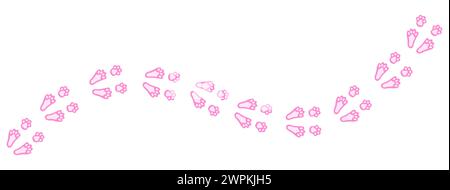 Funny pink rabbit or hare paw footprints forming a diagonal trail. Easter Bunny tracks. Cartoon cat paw prints in pink. Vector isolated on white. For Stock Vector