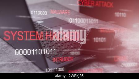 Desktop photo with system hacked alert hologram interface. Compromised information concept. Internet virus cyber security and cybercrime. Stock Photo