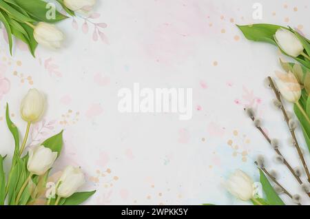Frame with flowers (white tulips) with empty space to fill in for example with wishes. Photo composed with graphits. Stock Photo