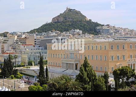 Athens, Greece - May 02, 2015: Crowd of Tourists Watching Changing Guards Ceremony in Front of Hellenic Parliament Building in Capital City Centre. Stock Photo