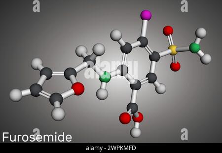 Furosemide, Frusemide molecule. Diuretic drug, is used to treat hypertension and edema. Molecular model. 3D rendering. 3D illustration Stock Photo