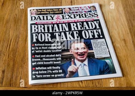 7 March 2024. Daily Express headline after budget reads: Britain Ready for Take Off! Stock Photo