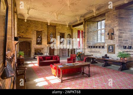 The Great Hall inside interior of Broughton Castle, a moated medieval fortified manor house near Banbury, Oxfordshire. UK. (134) Stock Photo