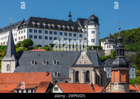 View over Stolberg with St. Martini church, Saigerturm tower and castle, Harz, Saxony-Anhalt, Germany, Europe Stock Photo