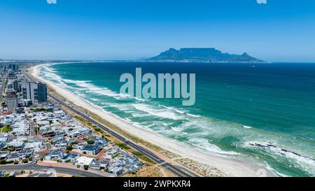 Aerial of Bloubergstrand Beach with Table Mountain in the background, Table Bay, Cape Town, South Africa, Africa Stock Photo