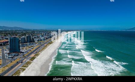 Aerial of Bloubergstrand Beach with Table Mountain in the background, Table Bay, Cape Town, South Africa, Africa Stock Photo