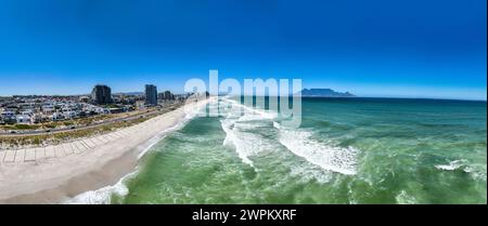 Aerial of Bloubergstrand Beach with Table Mountain in the background, Table Bay, Cape Town, South Africa, Africa Stock Photo