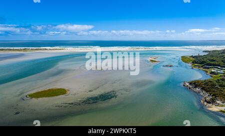 Aerial of the turquoise waters of the Klein River Lagoon, Hermanus, Western Cape Province, South Africa, Africa Stock Photo