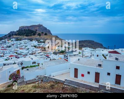 View over Lindos village towards the Acropolis, Rhodes Island, Dodecanese, Greek Islands, Greece, Europe Stock Photo