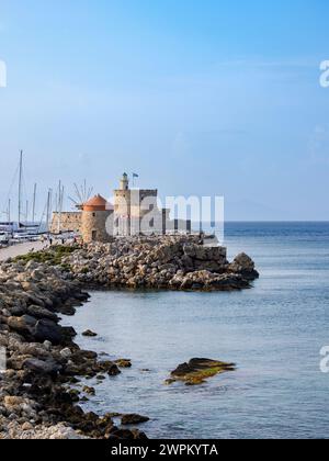 Windmills and Saint Nicholas Fortress, Rhodes City, Rhodes Island, Dodecanese, Greek Islands, Greece, Europe Stock Photo
