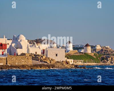 Church of Panagia Paraportiani and Windmills, Chora, Mykonos Town, Mykonos Island, Cyclades, Greek Islands, Greece, Europe Stock Photo