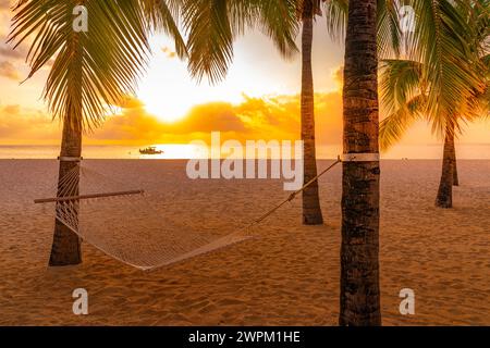 View of Le Morne Public Beach at sunset, Le Morne, Riviere Noire District, Mauritius, Indian Ocean, Africa Stock Photo