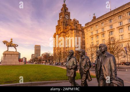 View of Beatles statue and Royal Liver Building, Liverpool City Centre, Liverpool, Merseyside, England, United Kingdom, Europe Stock Photo