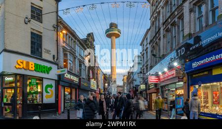 View of shops and St. Johns Beacon Viewing Tower, Liverpool City Centre, Liverpool, Merseyside, England, United Kingdom, Europe Stock Photo