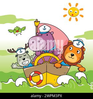 Cute child pirate sail on the ocean. Hippopotamus, lion, deer and bird illustration Stock Vector