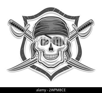 Vector logo for Pirate Skull, decorative poster with illustration of wicked smiling pirate skull in grey bandana and crossed sword for esport team, ma Stock Vector