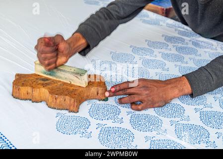 Jaipur, India Close up of indian man printing fabric in a traditional indian way Stock Photo