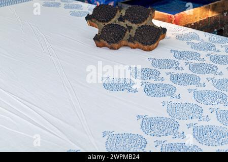 Jaipur, India Close up of indian man printing fabric in a traditional indian way Stock Photo