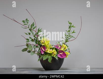Asymmetrical flower arrangement with magenta anthuriums, lime green cymbidium orchids, foliage and twigs in a grey container on a grey background. Stock Photo