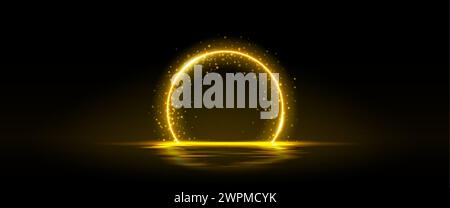 Yellow neon glowing round frame with sparkle glitter over water surface with reflections. Realistic vector illustration of golden ring circle bright e Stock Vector