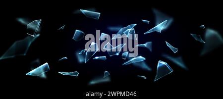 Broken and exploded glass surface flying in bunch of sharp pieces of broken blue crystal or mirror. Realistic vector illustration of transparent crash Stock Vector