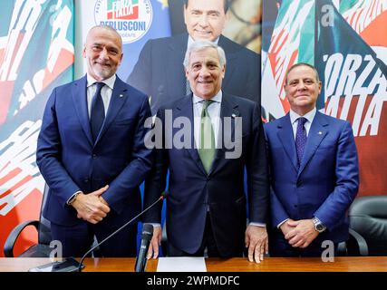 Roma, Italia. 08th Mar, 2024. Il segretario di Forza Italia Antonio Tajani con Ugo Cappellacci (sx) e il nuovo segretario regionale in Sardegna Pietro Pittalis (dx) durante la conferenza stampa nella sede del partito a Roma, Venerd&#xec;, 8 marzo 2024 (Foto Roberto Monaldo/LaPresse) Forza Italia secretary Antonio Tajani with Ugo Cappellacci (left) and the new regional secretary in Sardinia Pietro Pittalis (right) during the press conference at the party headquarters in Rome, Friday, March 8, 2024 (Photo by Roberto Monaldo/LaPresse) Credit: LaPresse/Alamy Live News Stock Photo