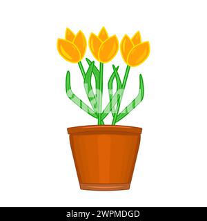 Flowers in pot. Terracotta flowerpot with tulips.Houseplant in clay vase for interior decor of home, windowsill or garden.Potted plant spring seasonal Stock Vector