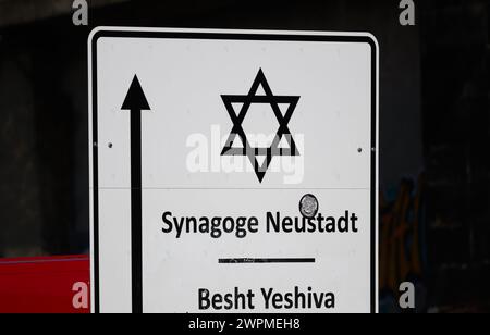 Dresden, Germany. 08th Mar, 2024. A sign for the Neustadt Best Yeshiva synagogue can be seen at the old Leipzig railroad station. Credit: Robert Michael/dpa/Alamy Live News Stock Photo