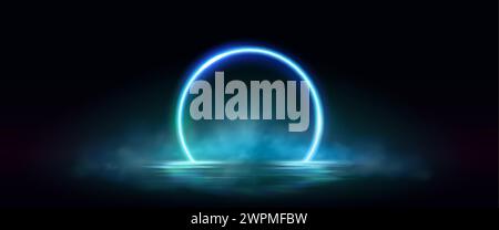 Neon circular arch frame with smoke over water surface with reflections. Realistic vector illustration of bright ring border with fog. Glowing round m Stock Vector