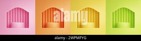 Cylinder podiums in arch windows. Vector realistic illustration of round platform on pink, orange, yellow, green pastel background with vertical line Stock Vector