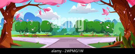 City public park with pathway, pink flowering trees and green grass. Cartoon vector spring season time urban landscape with road in garden. Panoramic Stock Vector