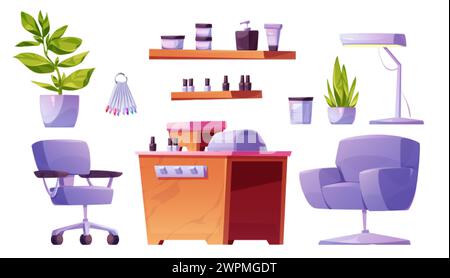 Nail salon interior elements isolated on white background. Vector cartoon illustration of manicure led lamp, polish bottles on desk, comfortable armch Stock Vector