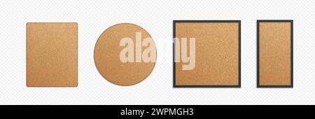 Set of memo pin boards with cork texture isolated on transparent background. Vector realistic illustration of round, square, rectangular wooden frame Stock Vector